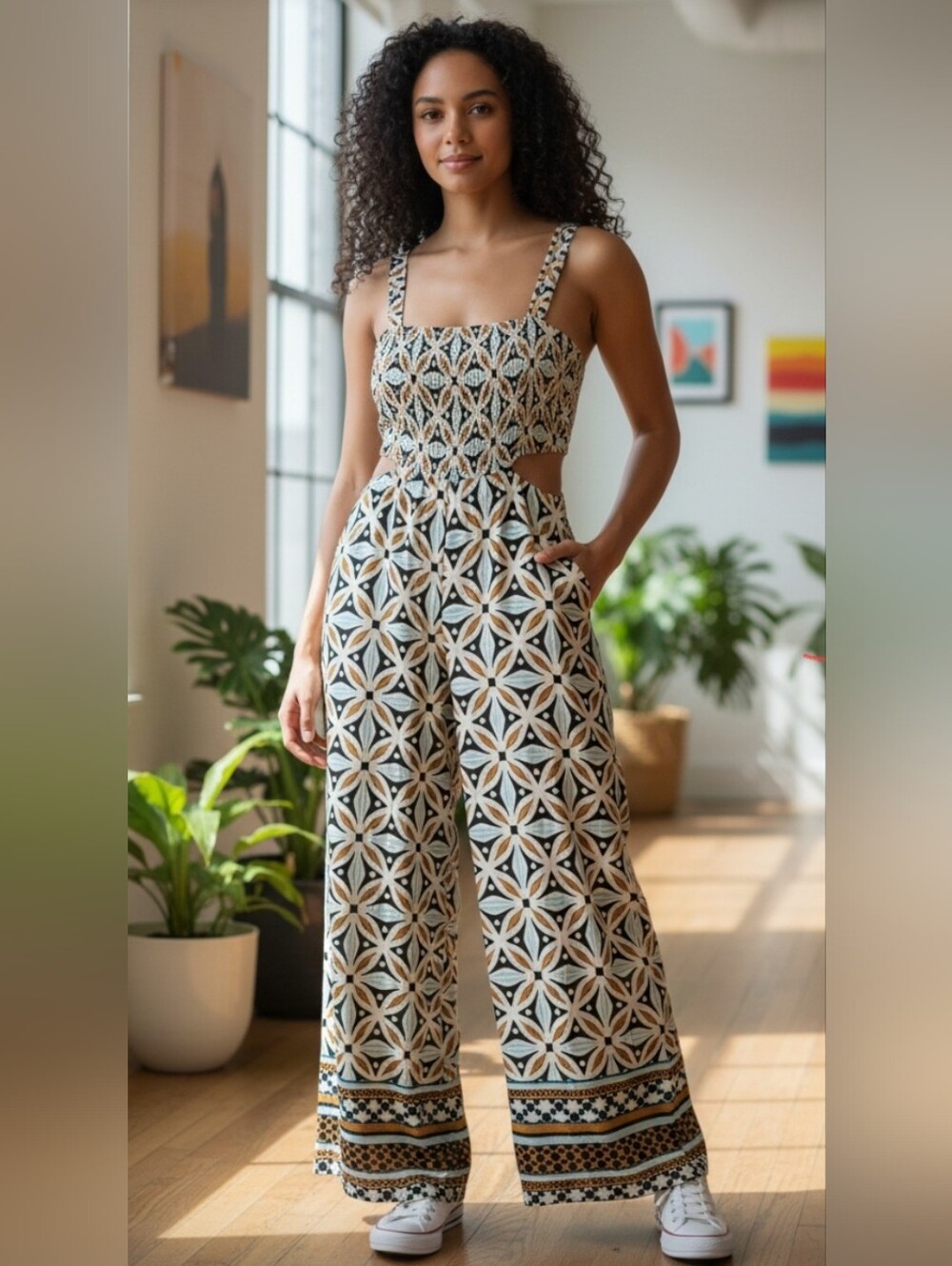 Anthropologie Black, Cream & Tan Printed Wide-Leg Jumpsuit